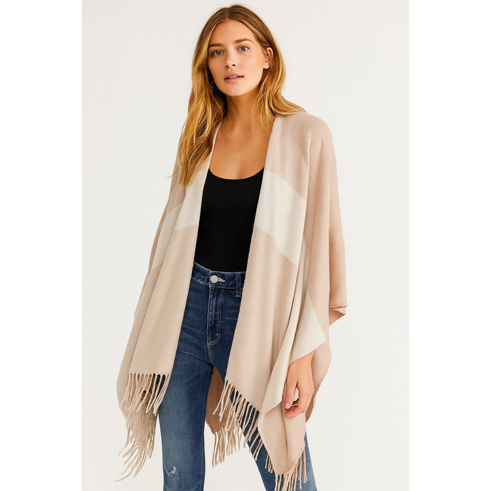 Soia & Kyo Woven Scarf Wrap Shawl Poncho OS Ivory Pink Fringe NEW